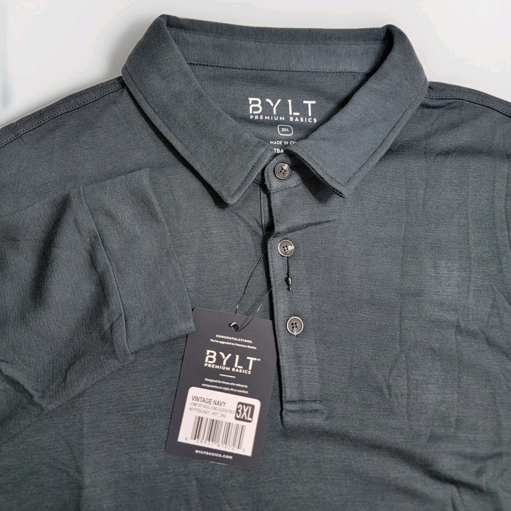 BYLT‎ Premium Basics Mens 3XL Comfort Wool Long Sleeve Polo Vintage Navy NEW